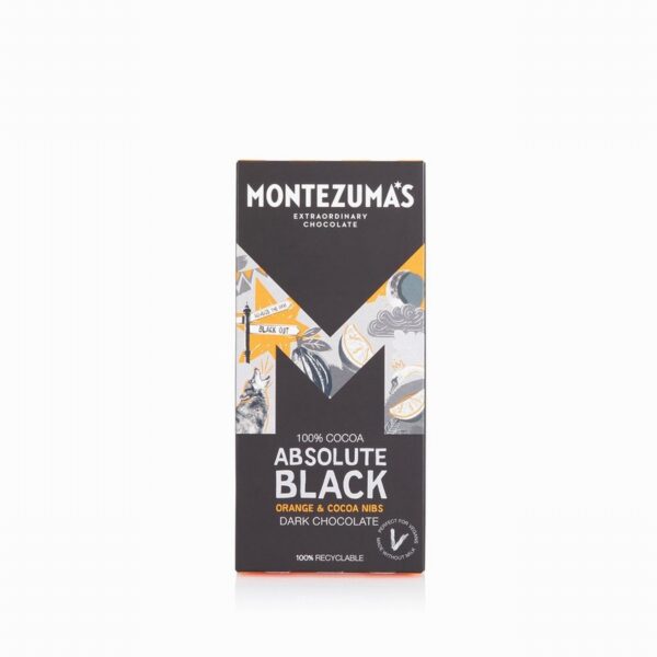 Montezuma 100% Black Absolute Choc – Orange & Cocoa Nibs (90g) - Organic to your door